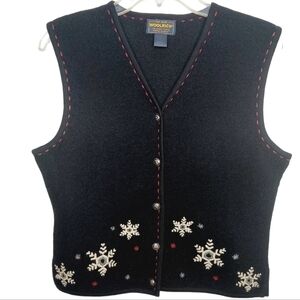 Vtg Woolrich Womens Cardigan Sweater Vest Large Pure Wool Snowflake Embroidered